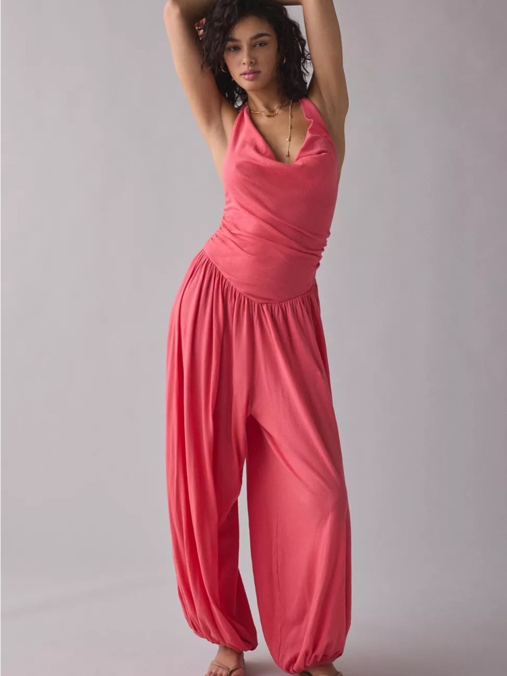 Coral Halter Draped Jumpsuit